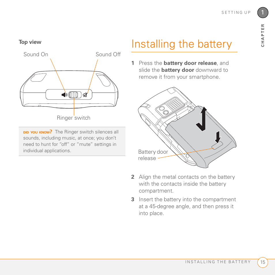 Top view, Installing the battery | Palm 755P User Manual | Page 15 / 304