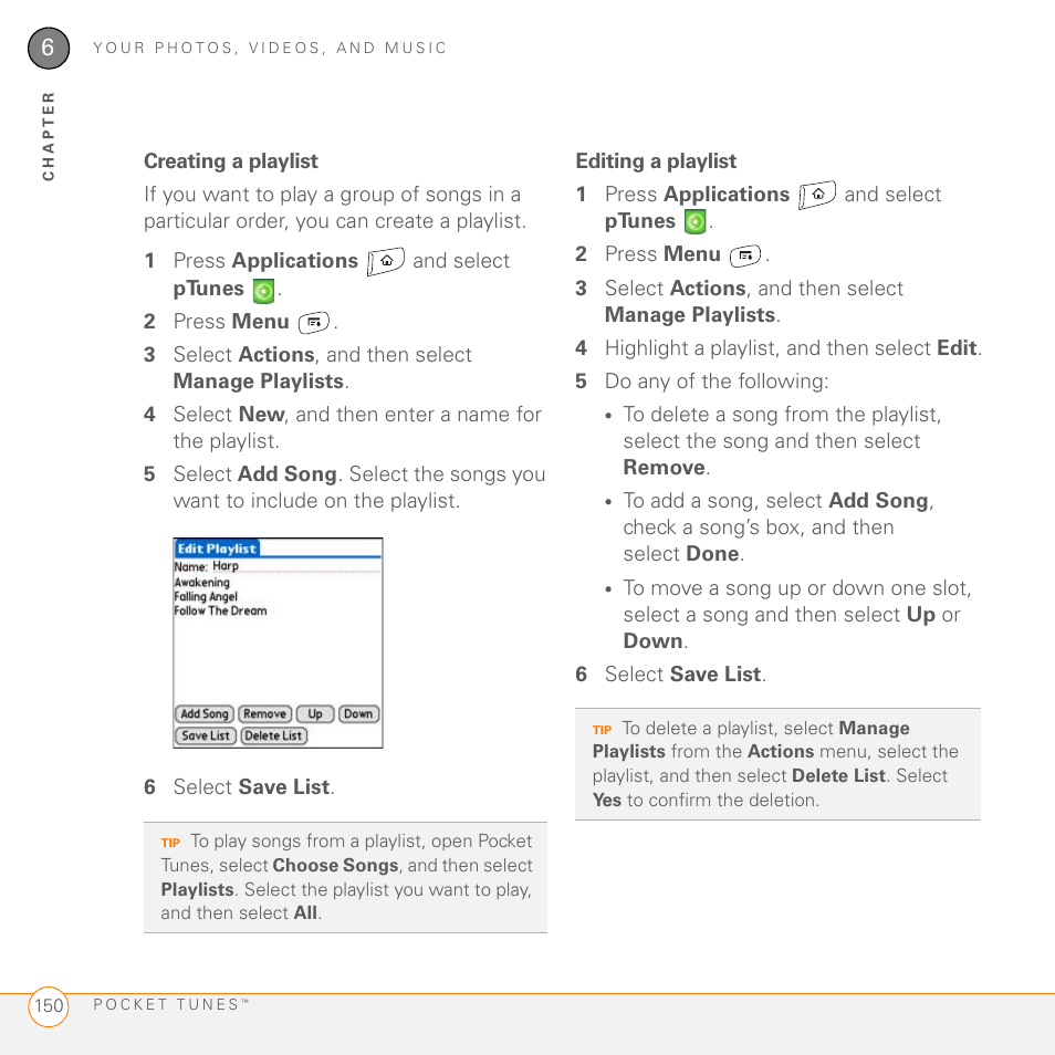 Creating a playlist, Editing a playlist | Palm 755P User Manual | Page 150 / 304
