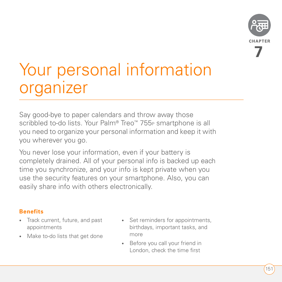 Your personal information organizer, Chapter 7: your personal information organizer | Palm 755P User Manual | Page 151 / 304