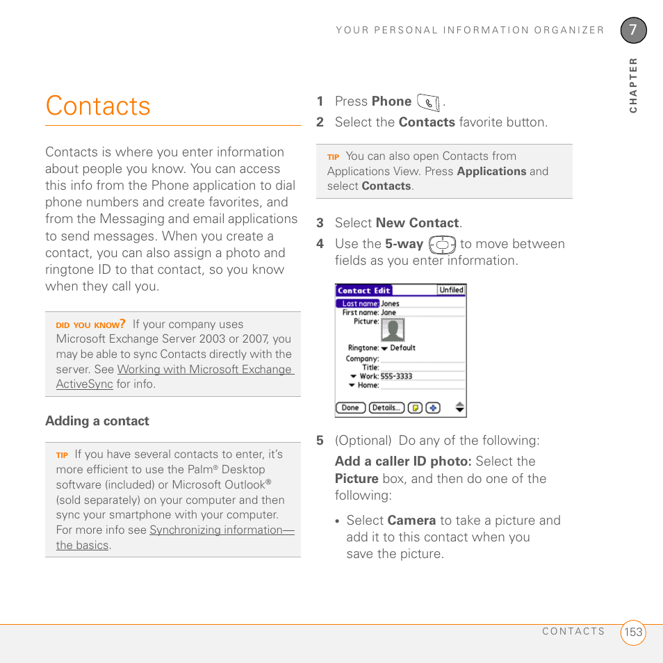 Contacts, Adding a contact | Palm 755P User Manual | Page 153 / 304