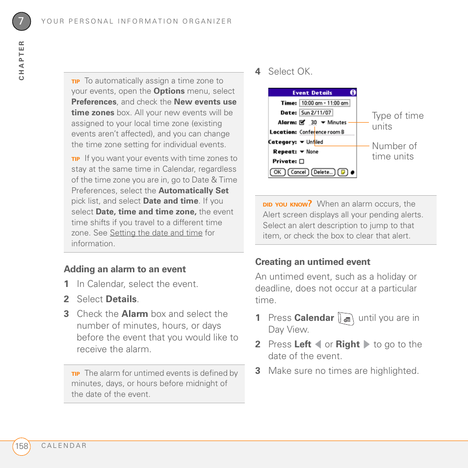 Adding an alarm to an event, Creating an untimed event | Palm 755P User Manual | Page 158 / 304