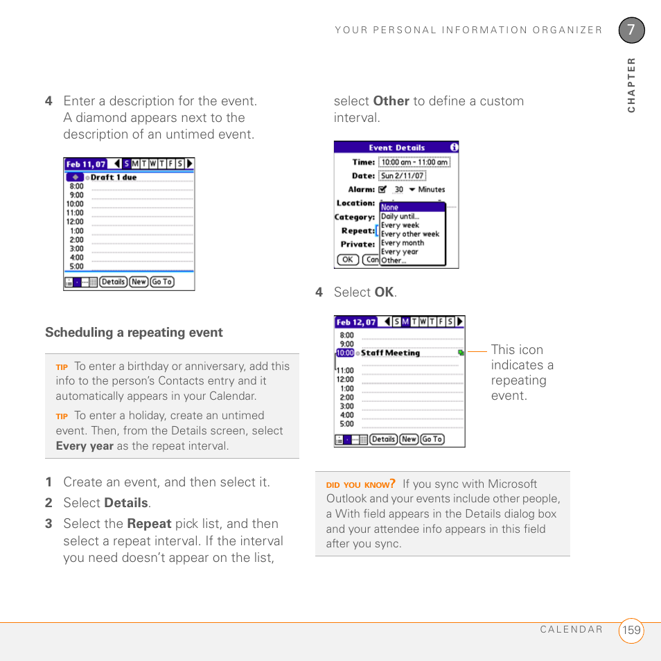 Scheduling a repeating event | Palm 755P User Manual | Page 159 / 304