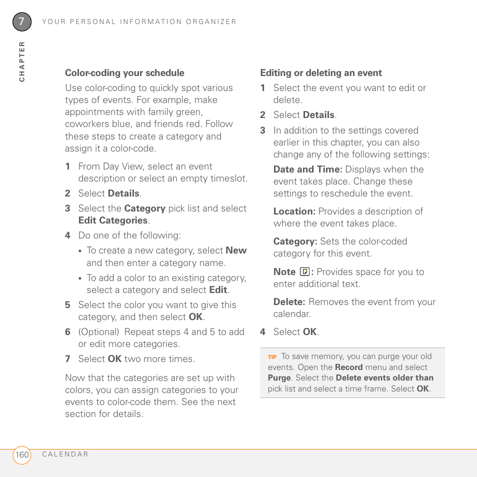 Color-coding your schedule, Editing or deleting an event | Palm 755P User Manual | Page 160 / 304