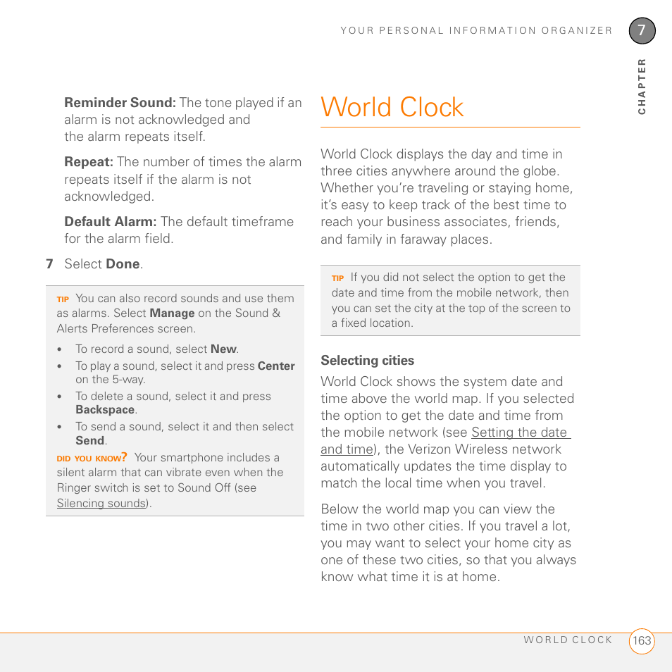 World clock, Selecting cities | Palm 755P User Manual | Page 163 / 304