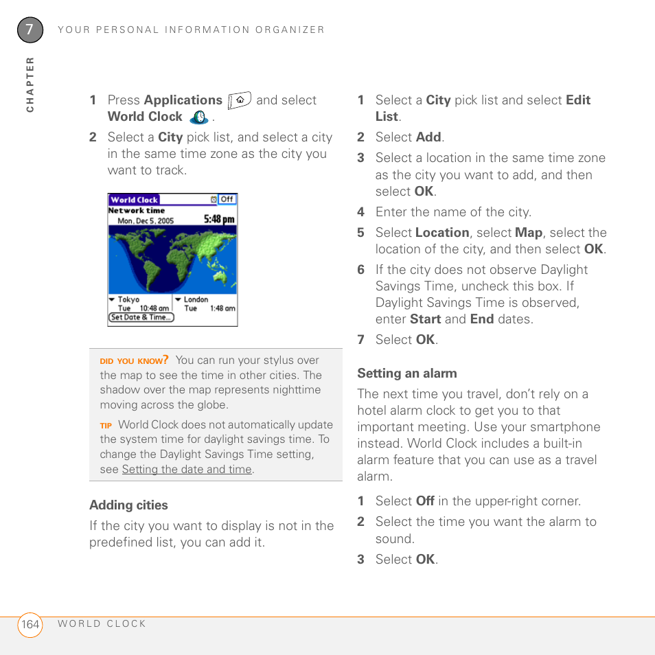 Adding cities, Setting an alarm | Palm 755P User Manual | Page 164 / 304