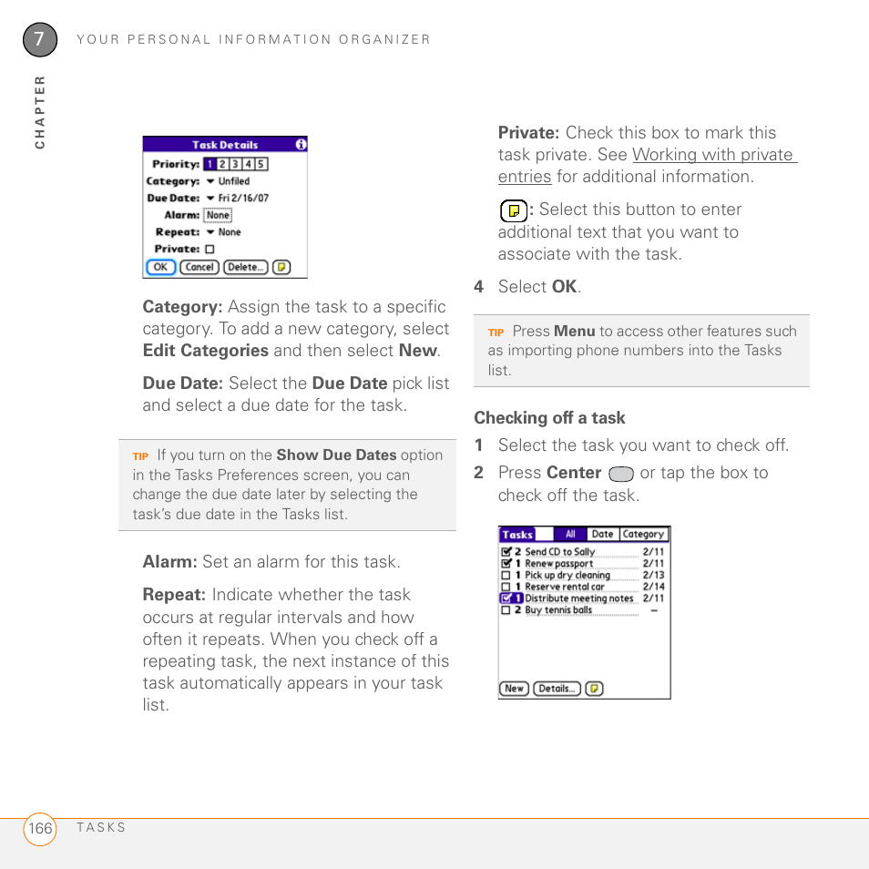Checking off a task | Palm 755P User Manual | Page 166 / 304
