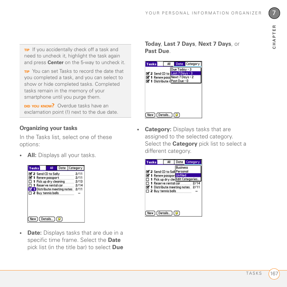 Organizing your tasks, All: displays all your tasks | Palm 755P User Manual | Page 167 / 304