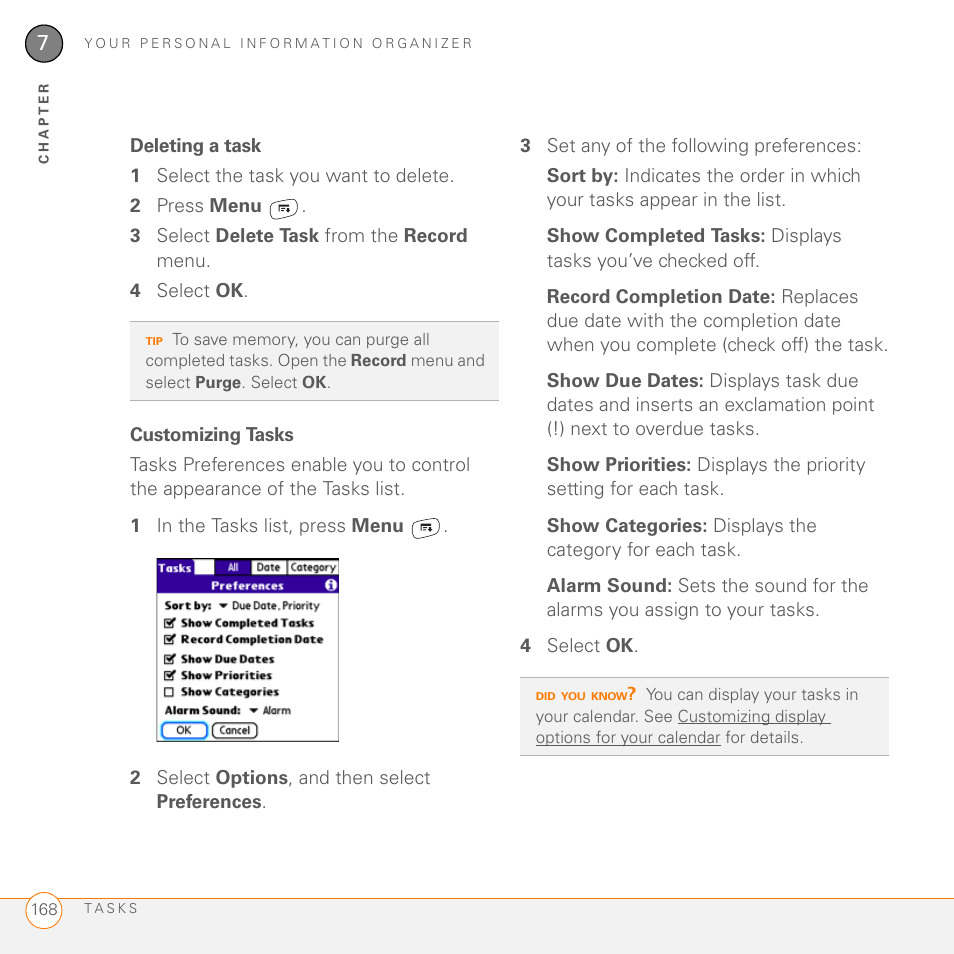 Deleting a task, Customizing tasks | Palm 755P User Manual | Page 168 / 304