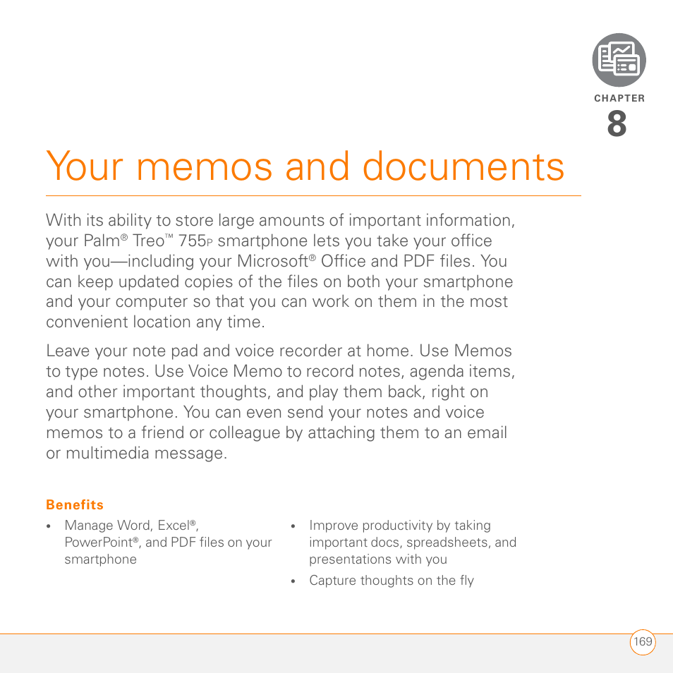 Your memos and documents, Chapter 8: your memos and documents | Palm 755P User Manual | Page 169 / 304