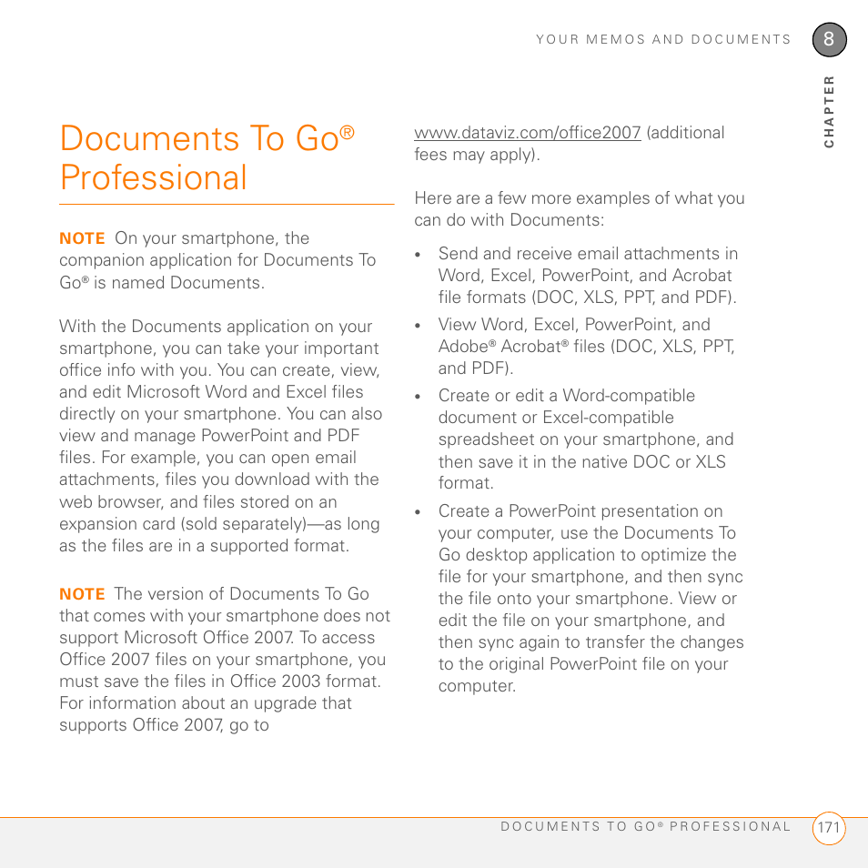 Documents to go® professional, Documents to go, Professional | Palm 755P User Manual | Page 171 / 304