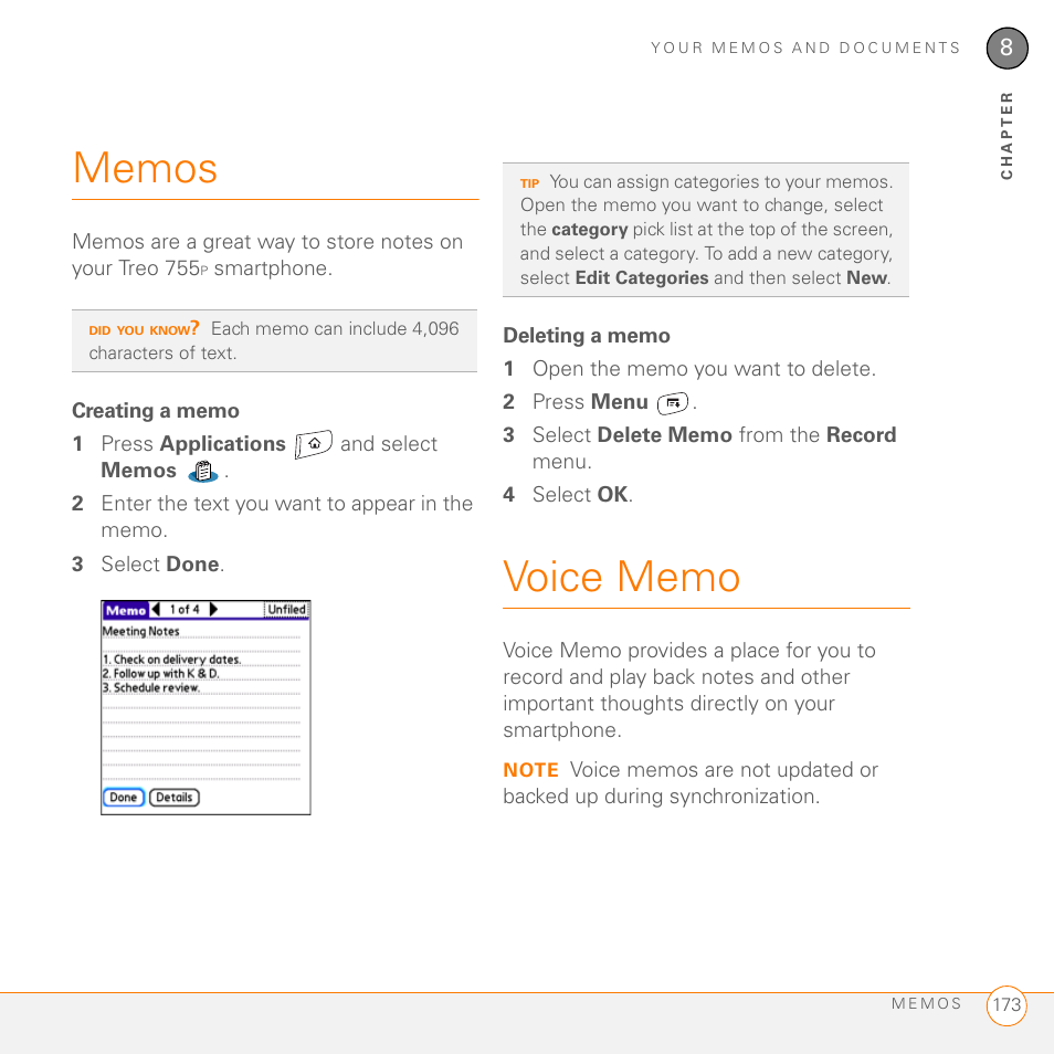 Memos, Creating a memo, Deleting a memo | Voice memo, Memos voice memo | Palm 755P User Manual | Page 173 / 304