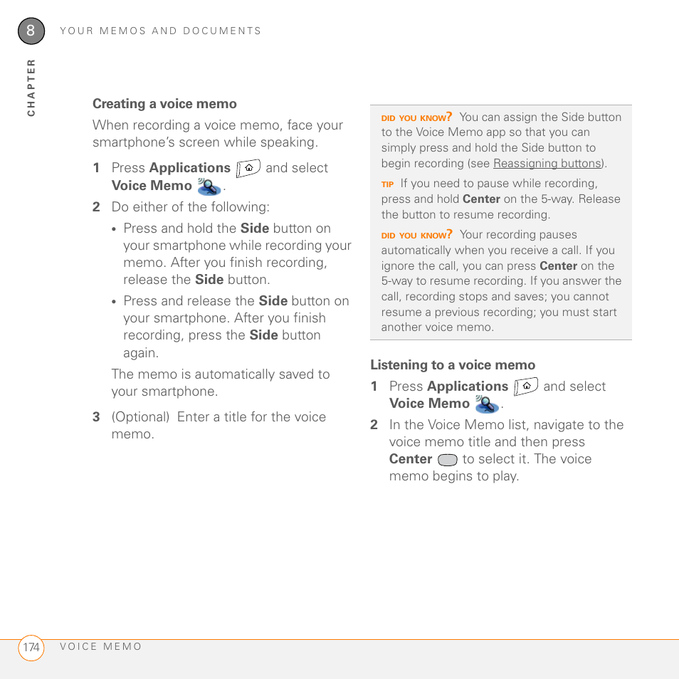 Creating a voice memo, Listening to a voice memo | Palm 755P User Manual | Page 174 / 304