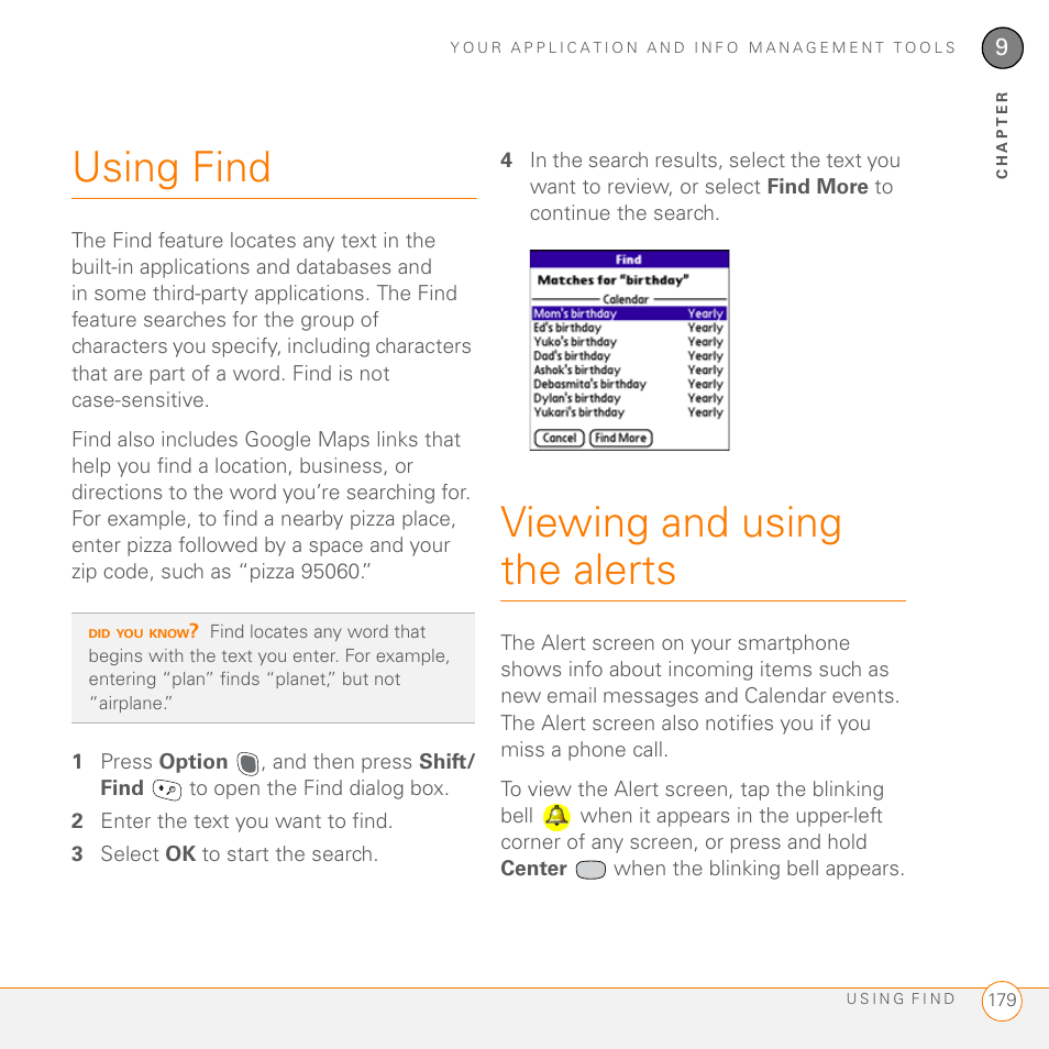 Using find, Viewing and using the alerts, Using find viewing and using the alerts | Palm 755P User Manual | Page 179 / 304