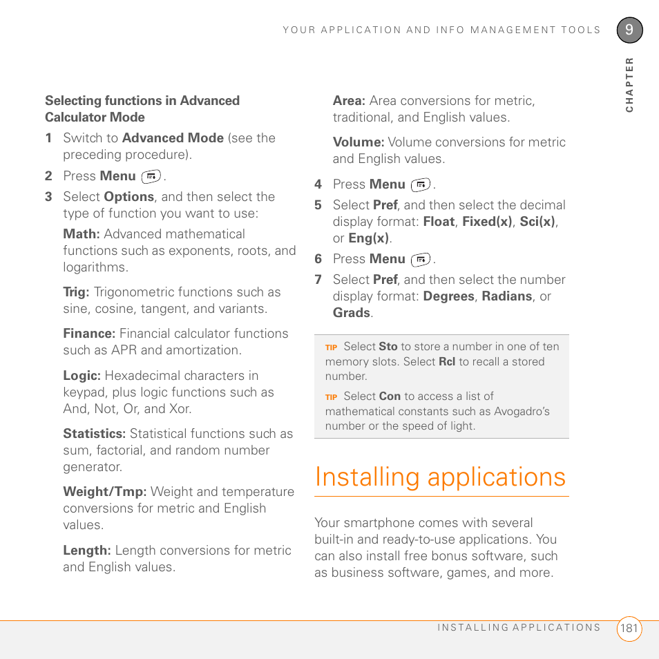 Selecting functions in advanced calculator mode, Installing applications, See installing applications | Palm 755P User Manual | Page 181 / 304