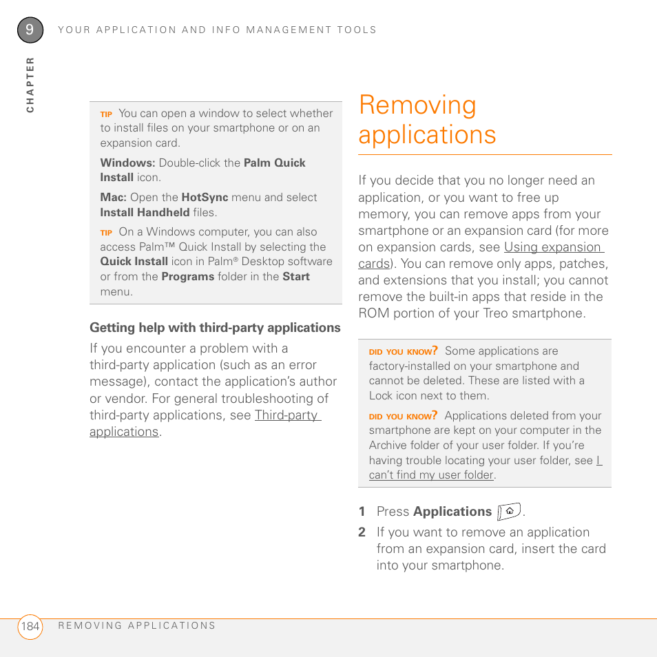 Getting help with third-party applications, Removing applications | Palm 755P User Manual | Page 184 / 304
