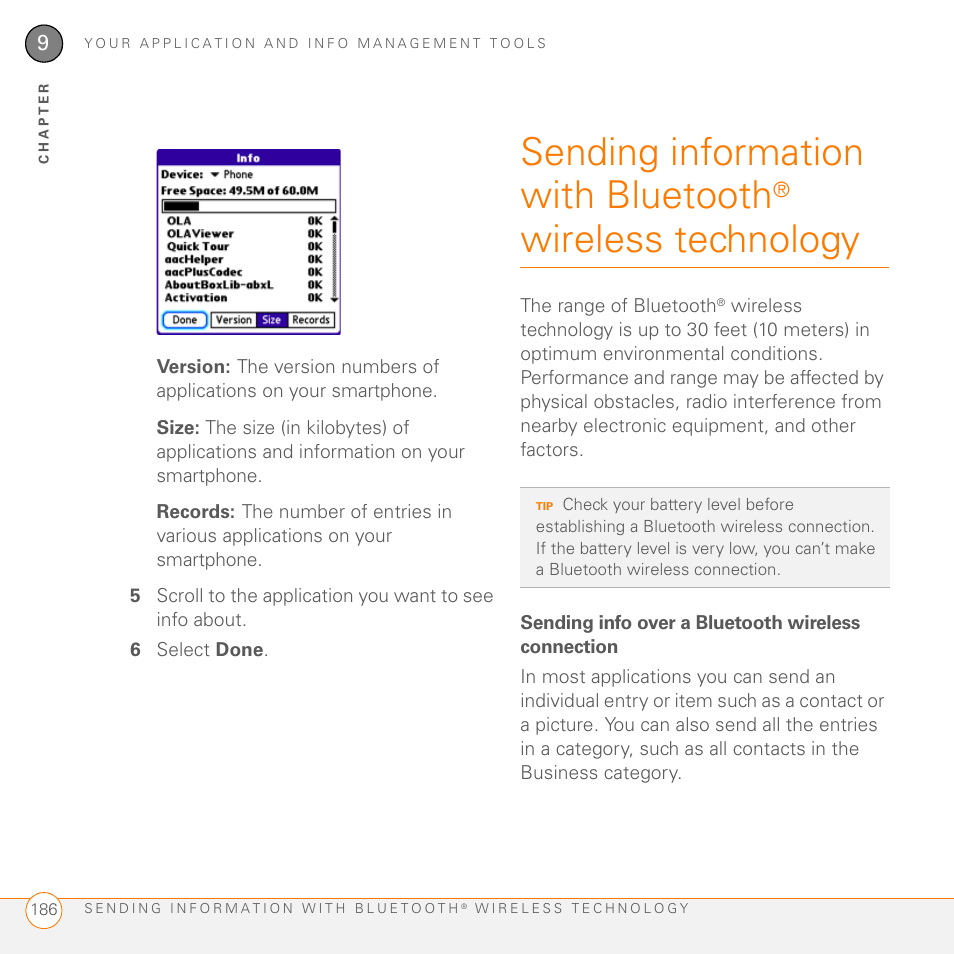 Sending info over a bluetooth wireless connection, Sending information with bluetooth, Wireless technology | Palm 755P User Manual | Page 186 / 304