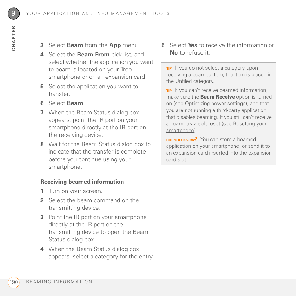 Receiving beamed information | Palm 755P User Manual | Page 190 / 304