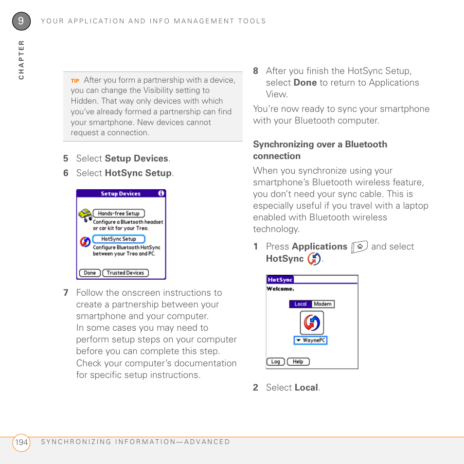 Synchronizing over a bluetooth connection | Palm 755P User Manual | Page 194 / 304