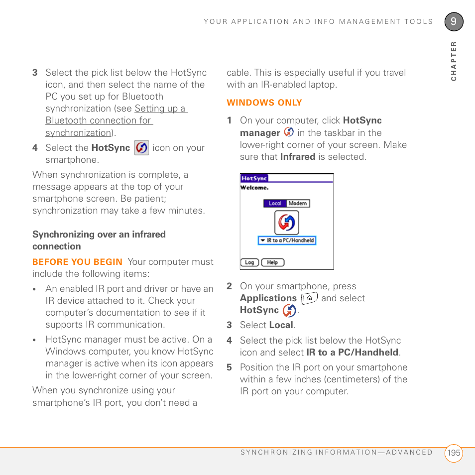 Synchronizing over an infrared connection | Palm 755P User Manual | Page 195 / 304