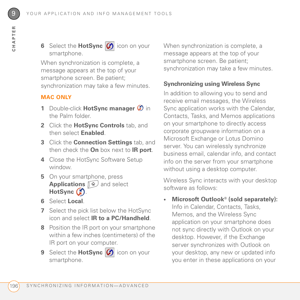 Synchronizing using wireless sync | Palm 755P User Manual | Page 196 / 304