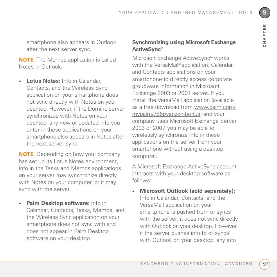 Synchronizing using microsoft exchange activesync | Palm 755P User Manual | Page 197 / 304