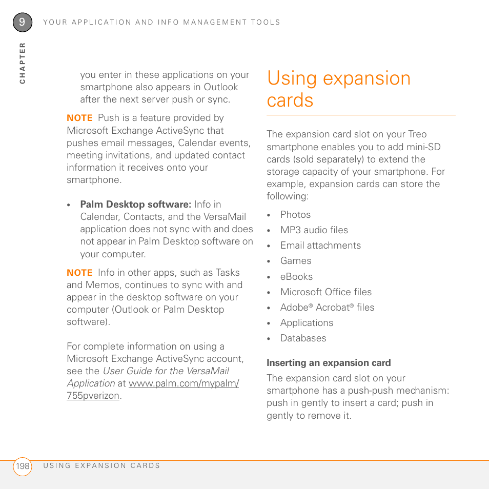 Using expansion cards, Inserting an expansion card | Palm 755P User Manual | Page 198 / 304