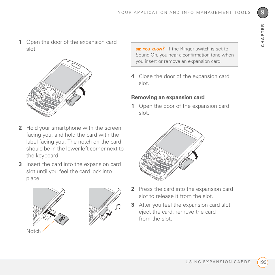 Removing an expansion card | Palm 755P User Manual | Page 199 / 304