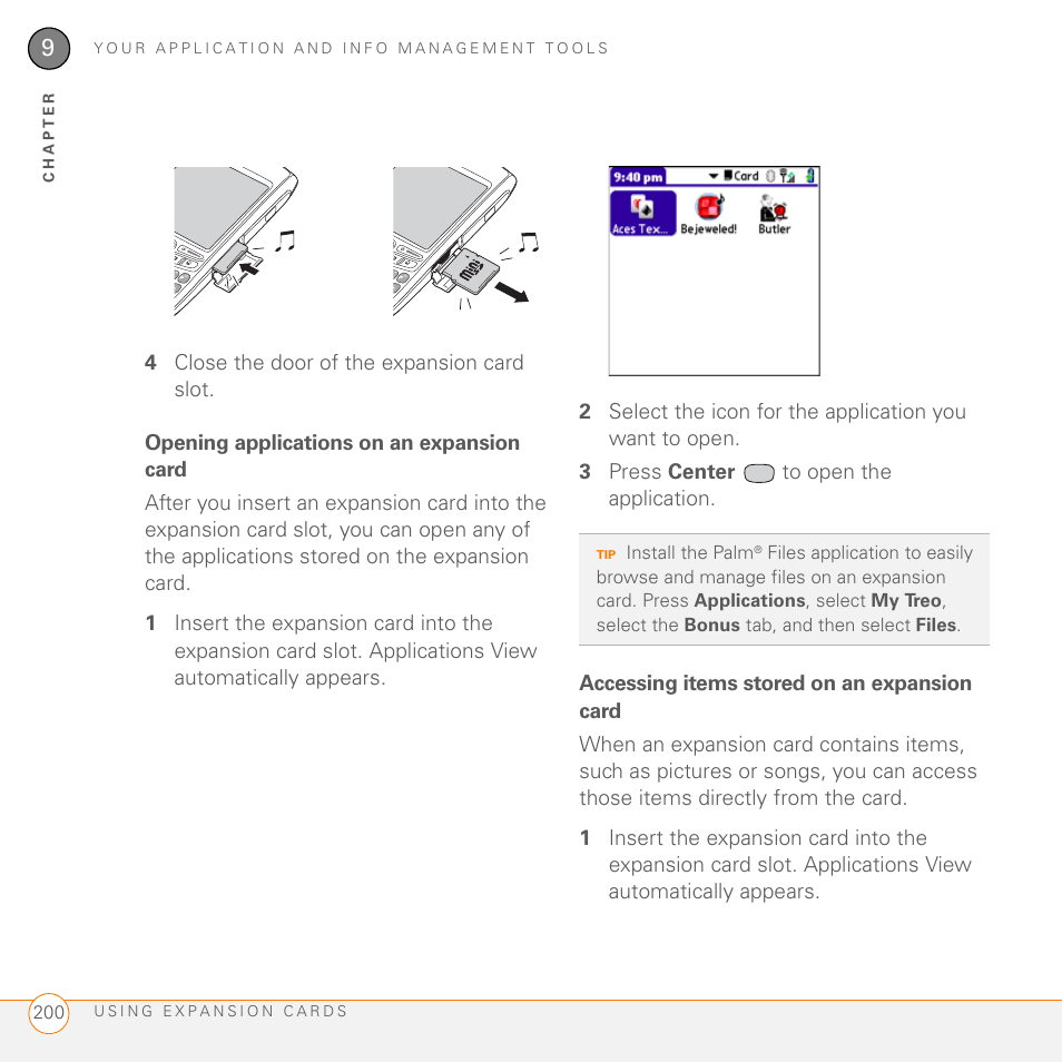 Opening applications on an expansion card, Accessing items stored on an expansion card | Palm 755P User Manual | Page 200 / 304