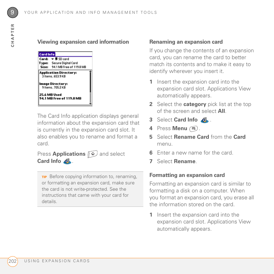 Viewing expansion card information, Renaming an expansion card, Formatting an expansion card | Palm 755P User Manual | Page 202 / 304