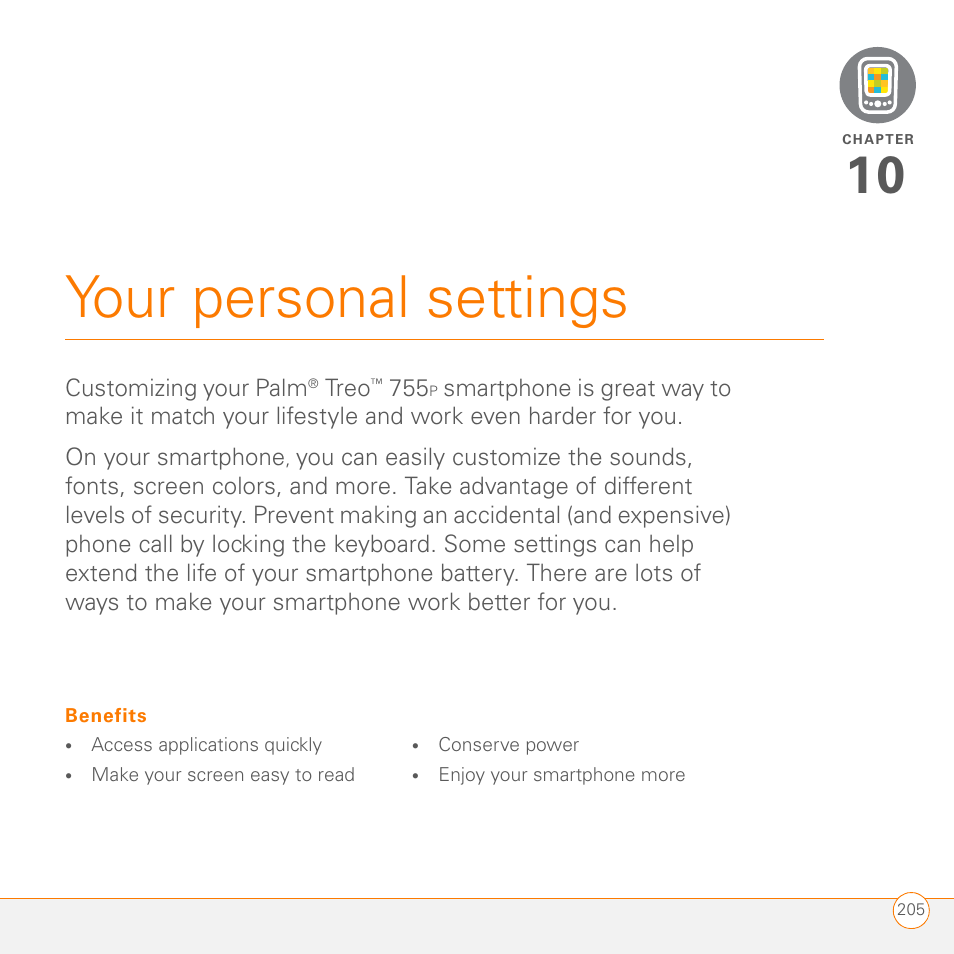 Your personal settings, Chapter 10: your personal settings | Palm 755P User Manual | Page 205 / 304
