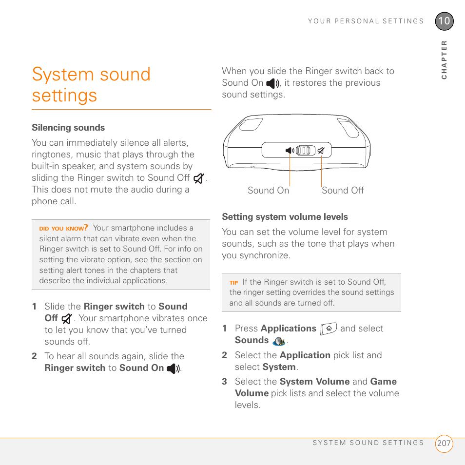 System sound settings, Silencing sounds, Setting system volume levels | Palm 755P User Manual | Page 207 / 304