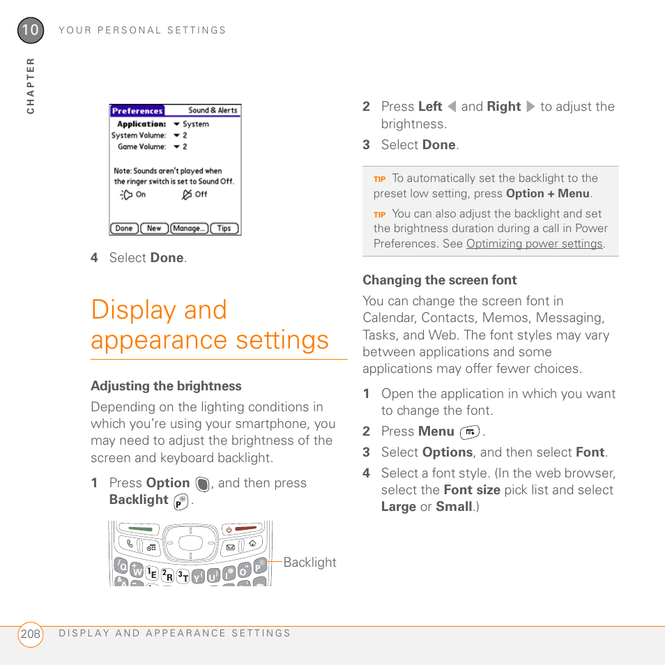 Display and appearance settings, Adjusting the brightness, Changing the screen font | Palm 755P User Manual | Page 208 / 304