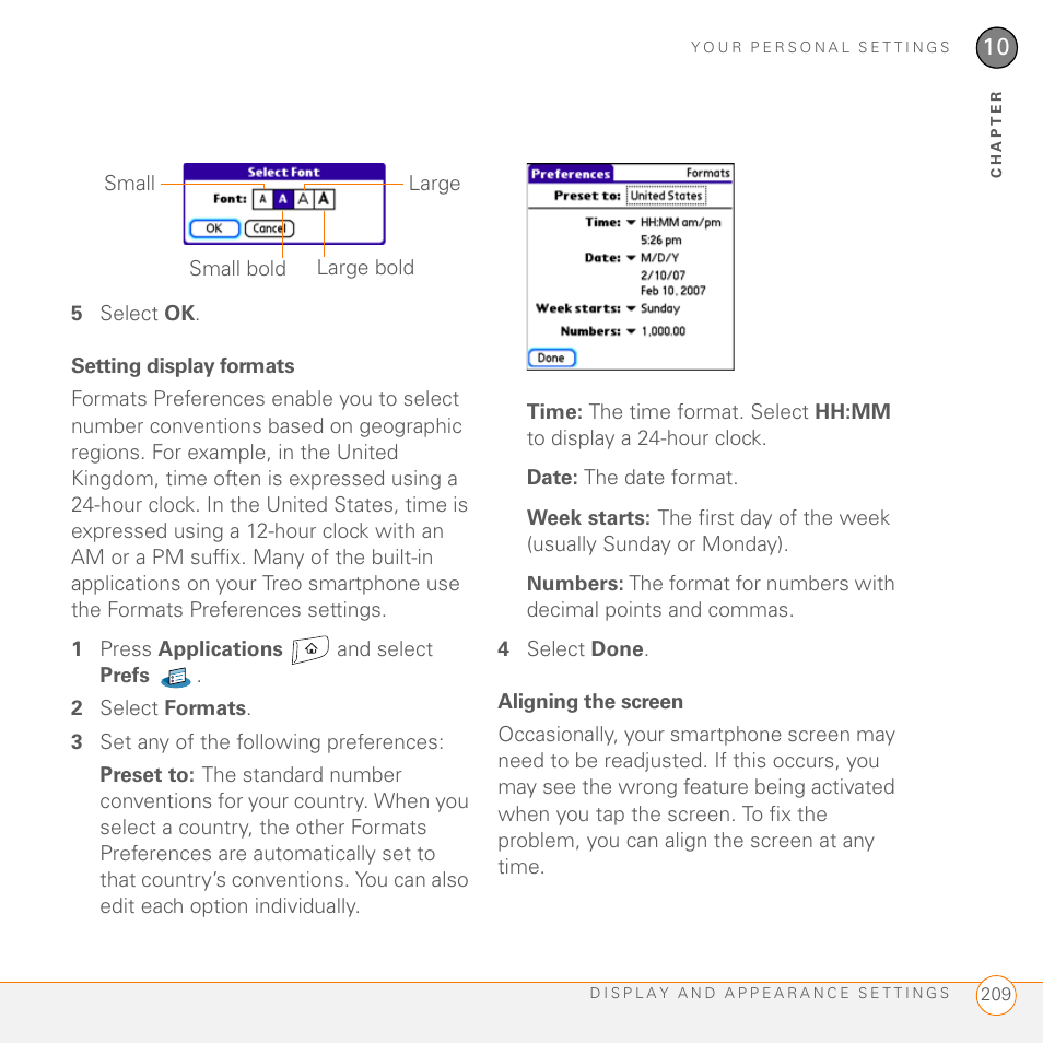 Setting display formats, Aligning the screen | Palm 755P User Manual | Page 209 / 304