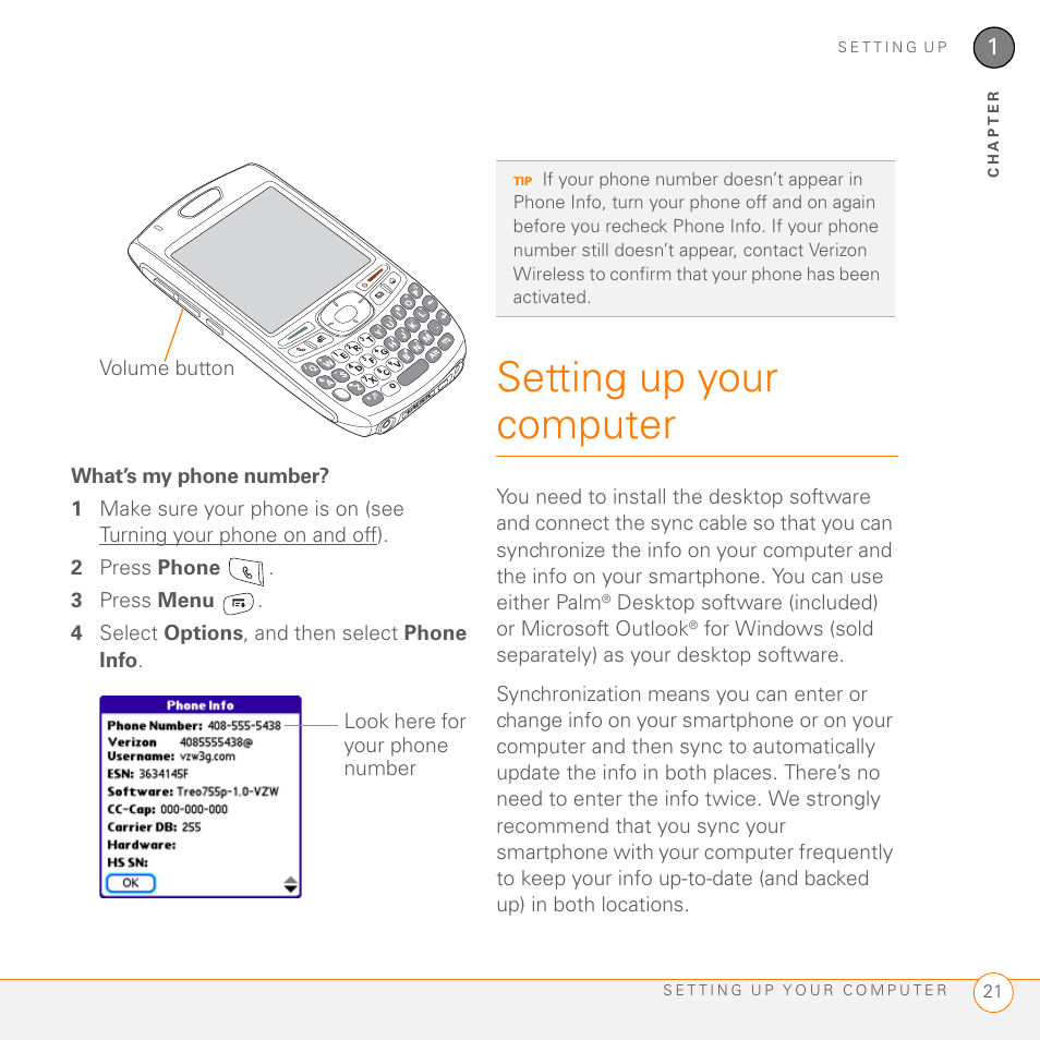 What’s my phone number, Setting up your computer | Palm 755P User Manual | Page 21 / 304