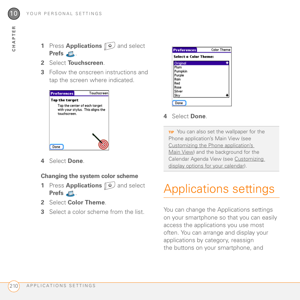Changing the system color scheme, Applications settings | Palm 755P User Manual | Page 210 / 304