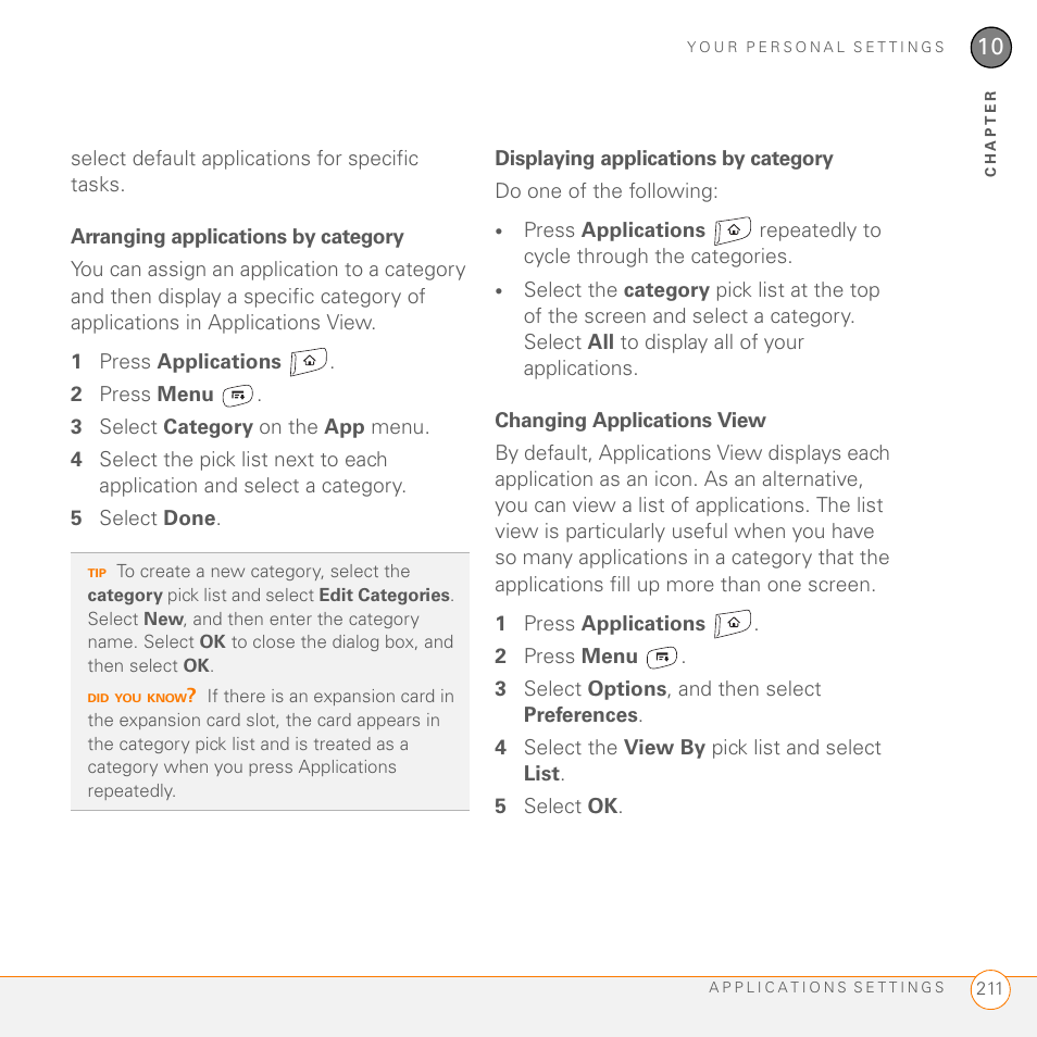 Arranging applications by category, Displaying applications by category, Changing applications view | Palm 755P User Manual | Page 211 / 304