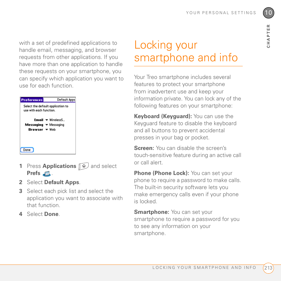 Locking your smartphone and info | Palm 755P User Manual | Page 213 / 304