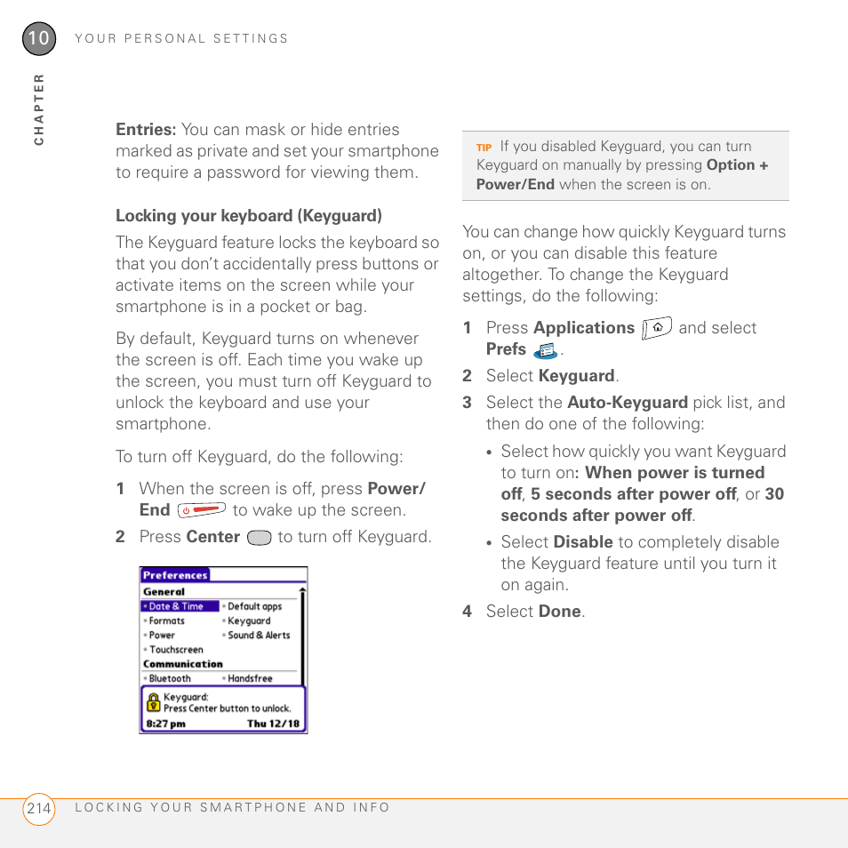 Locking your keyboard (keyguard) | Palm 755P User Manual | Page 214 / 304