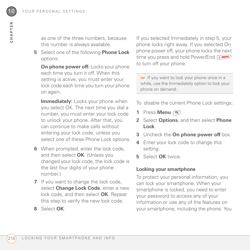 Locking your smartphone | Palm 755P User Manual | Page 216 / 304