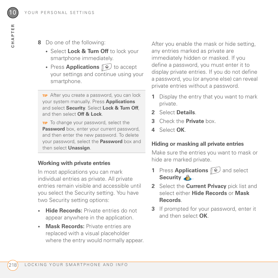 Working with private entries, Hiding or masking all private entries | Palm 755P User Manual | Page 218 / 304