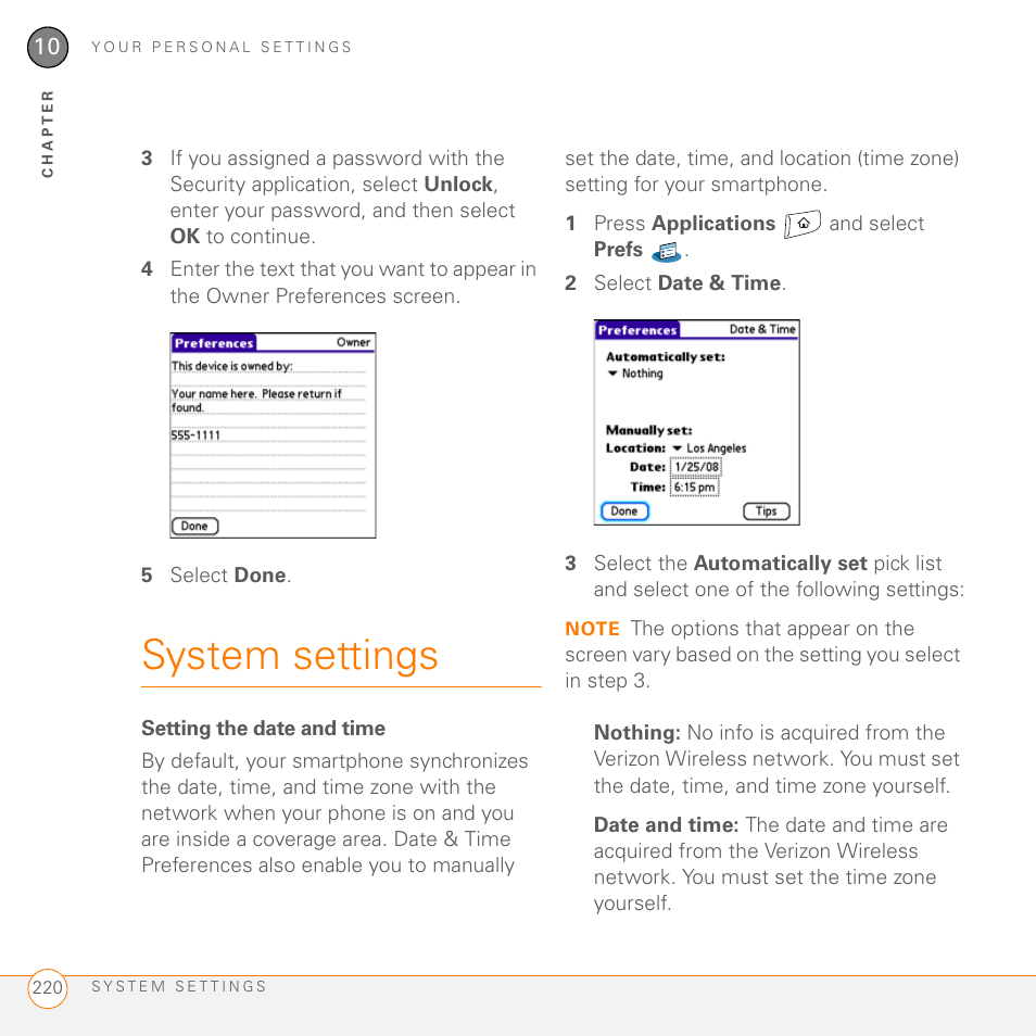 System settings, Setting the date and time | Palm 755P User Manual | Page 220 / 304