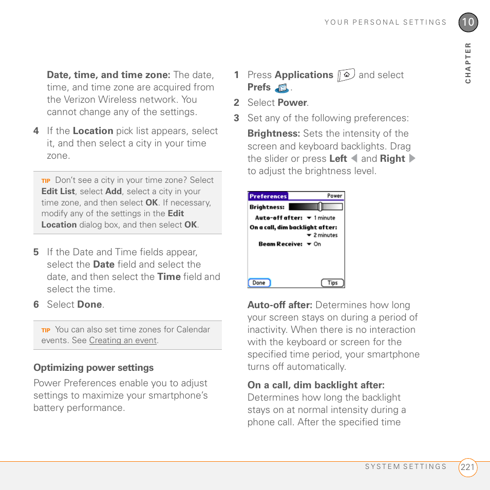 Optimizing power settings, See optimizing power settings) | Palm 755P User Manual | Page 221 / 304