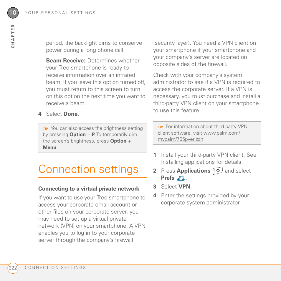 Connection settings, Connecting to a virtual private network | Palm 755P User Manual | Page 222 / 304