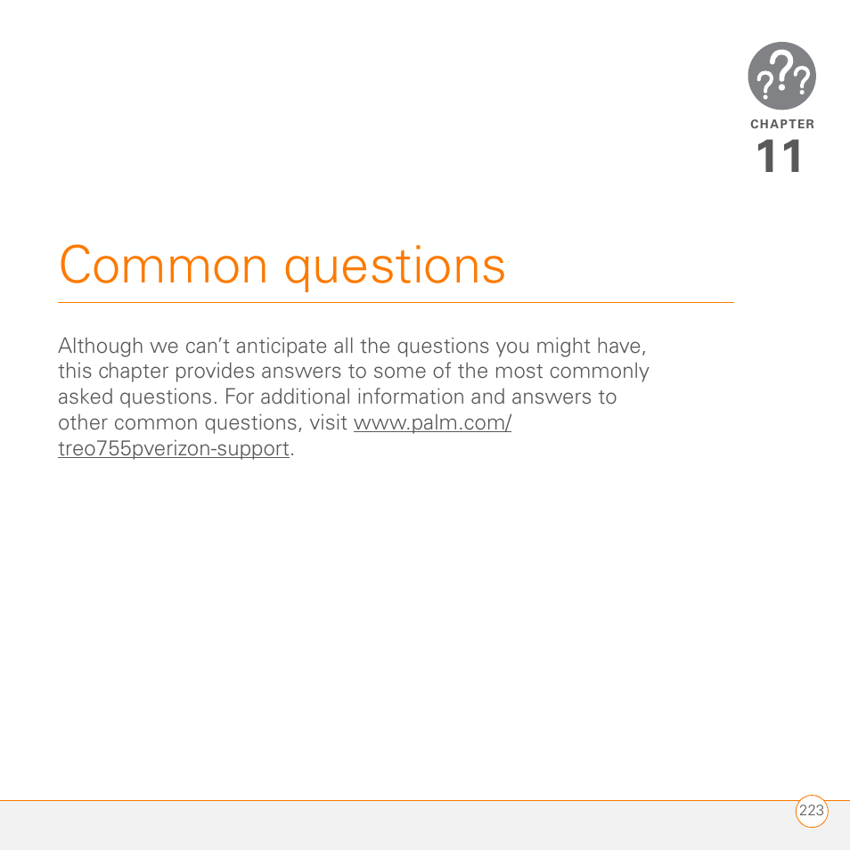 Common questions, Chapter 11: common questions | Palm 755P User Manual | Page 223 / 304