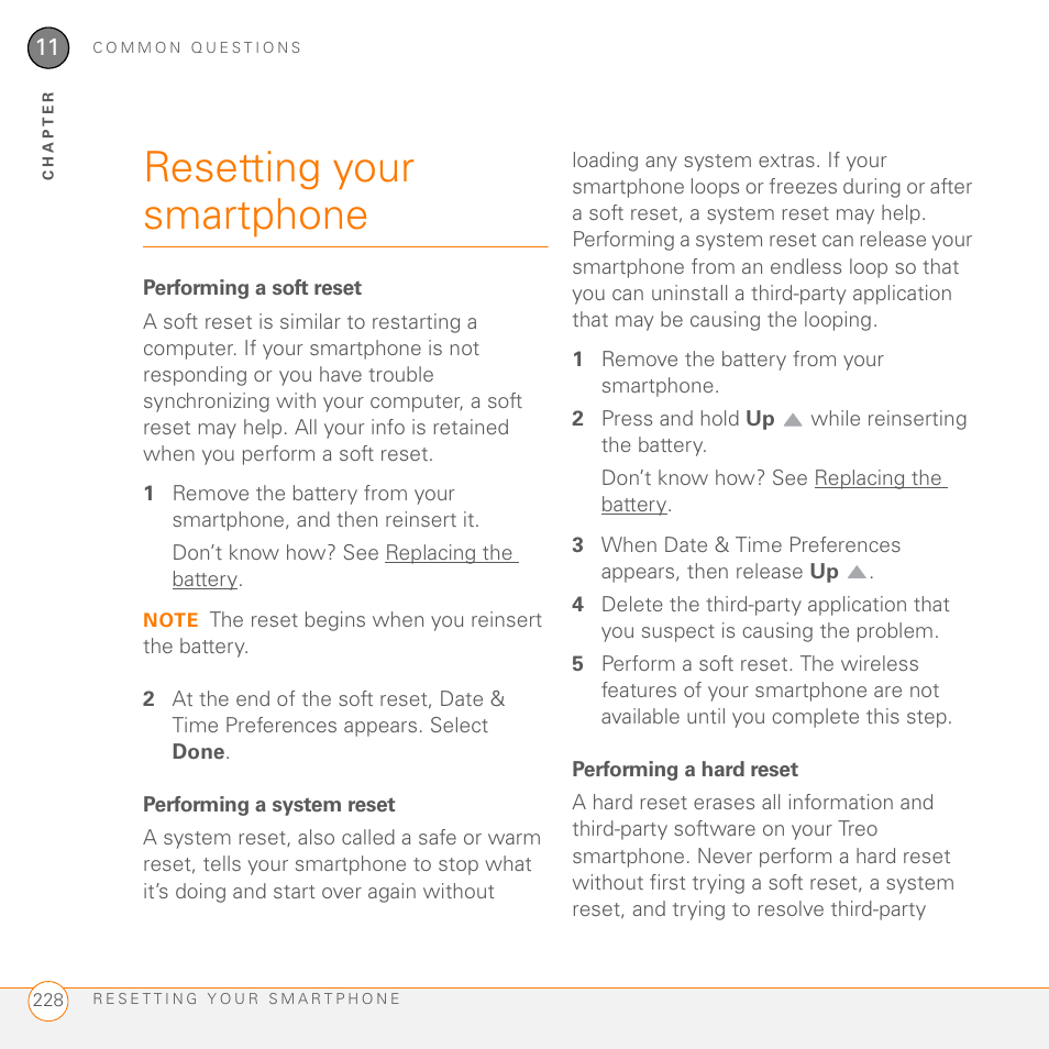 Resetting your smartphone, Performing a soft reset, Performing a system reset | Performing a hard reset | Palm 755P User Manual | Page 228 / 304