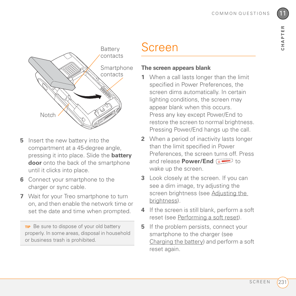 Screen, The screen appears blank | Palm 755P User Manual | Page 231 / 304