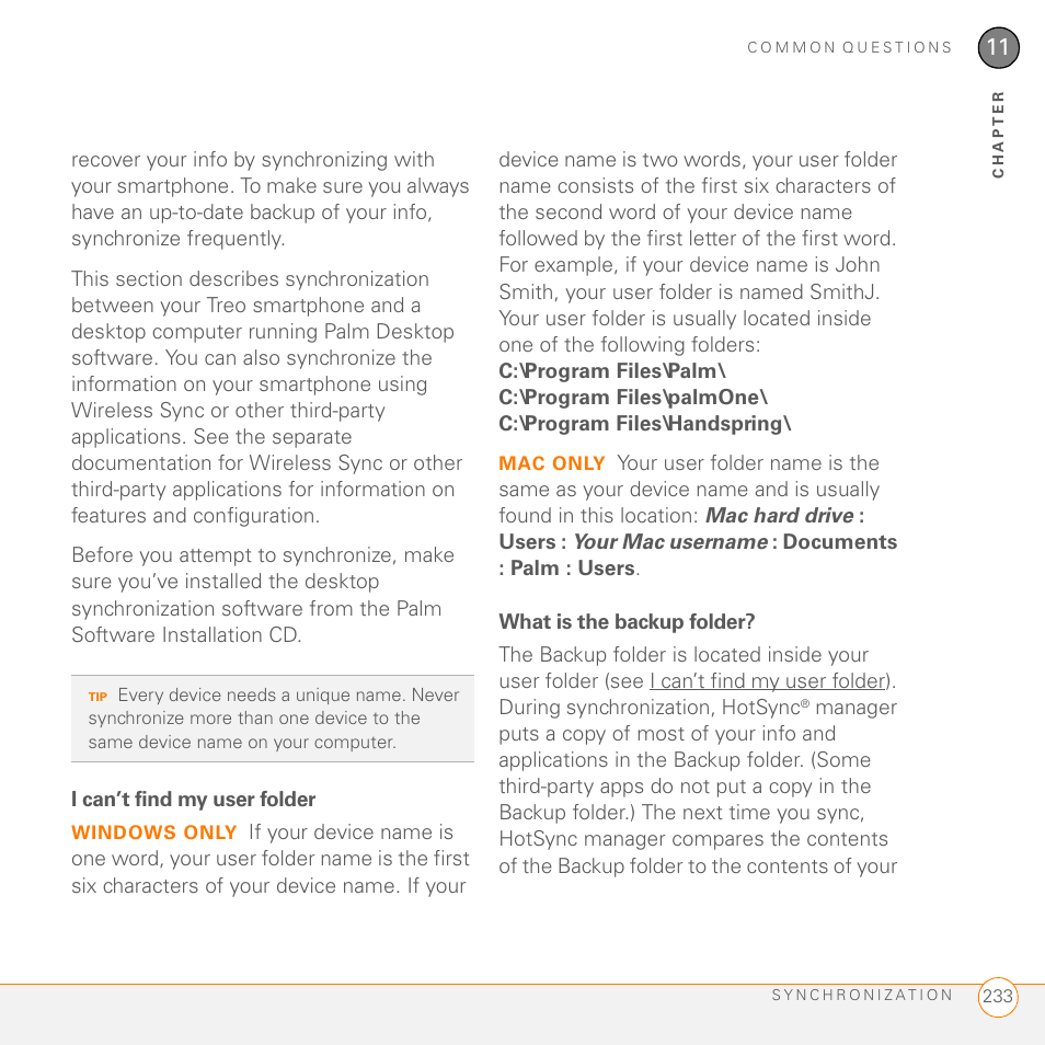 I can’t find my user folder, What is the backup folder | Palm 755P User Manual | Page 233 / 304