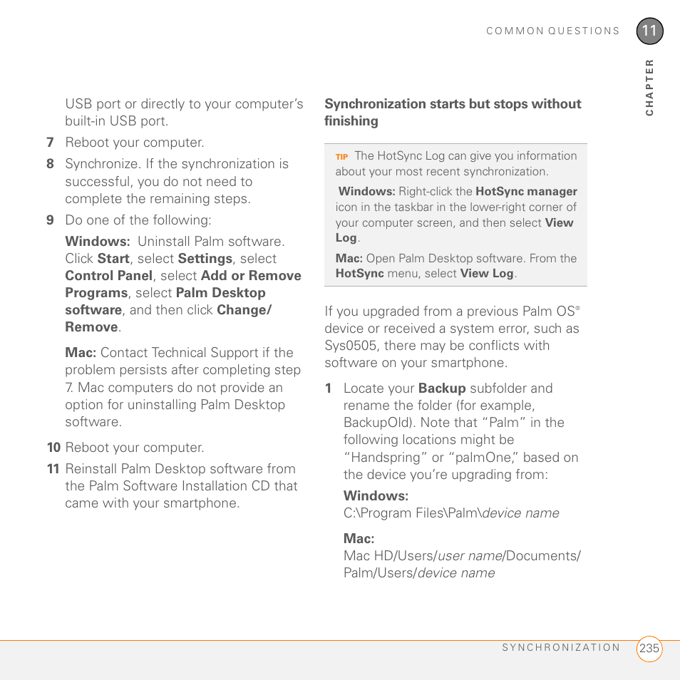 Synchronization starts but stops without finishing | Palm 755P User Manual | Page 235 / 304
