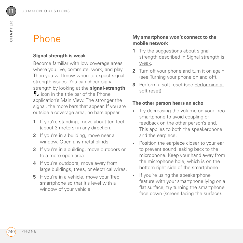 Phone, Signal strength is weak, My smartphone won’t connect to the mobile network | The other person hears an echo | Palm 755P User Manual | Page 240 / 304