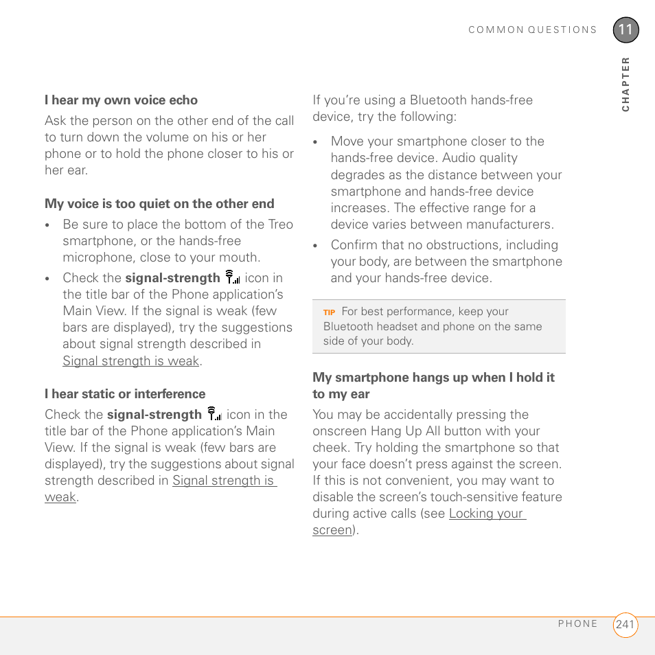 I hear my own voice echo, My voice is too quiet on the other end, I hear static or interference | My smartphone hangs up when i hold it to my ear | Palm 755P User Manual | Page 241 / 304